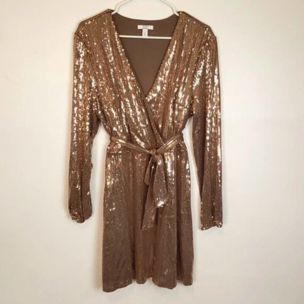 Cara Santana x Nine West Bronze Sequin Faux-Wrap Dress - Picture 2 of 5